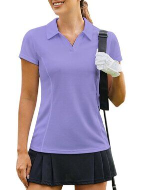 Women's Light Purple Golf Shirt Short Sleeve Quick Dry V-Neck Tennis Tops Fit